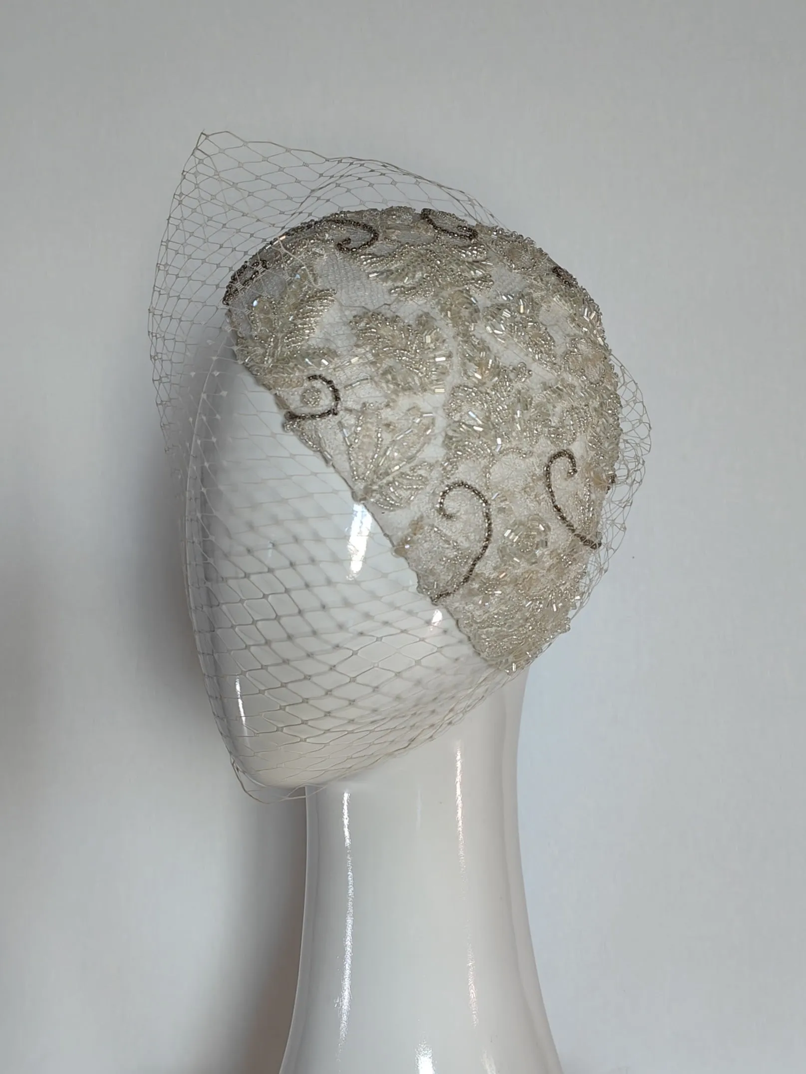 "Victoria" White Vintage Beaded Lace Side Sitting Bridal Headpiece With Attachable Veiling