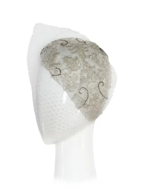 "Victoria" White Vintage Beaded Lace Side Sitting Bridal Headpiece With Attachable Veiling