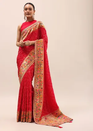 Red Bandhani Silk Saree