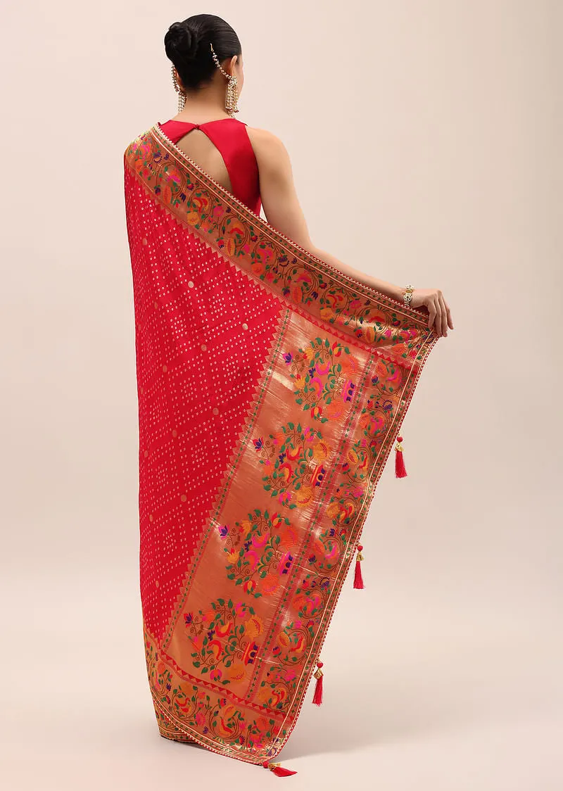Red Bandhani Silk Saree