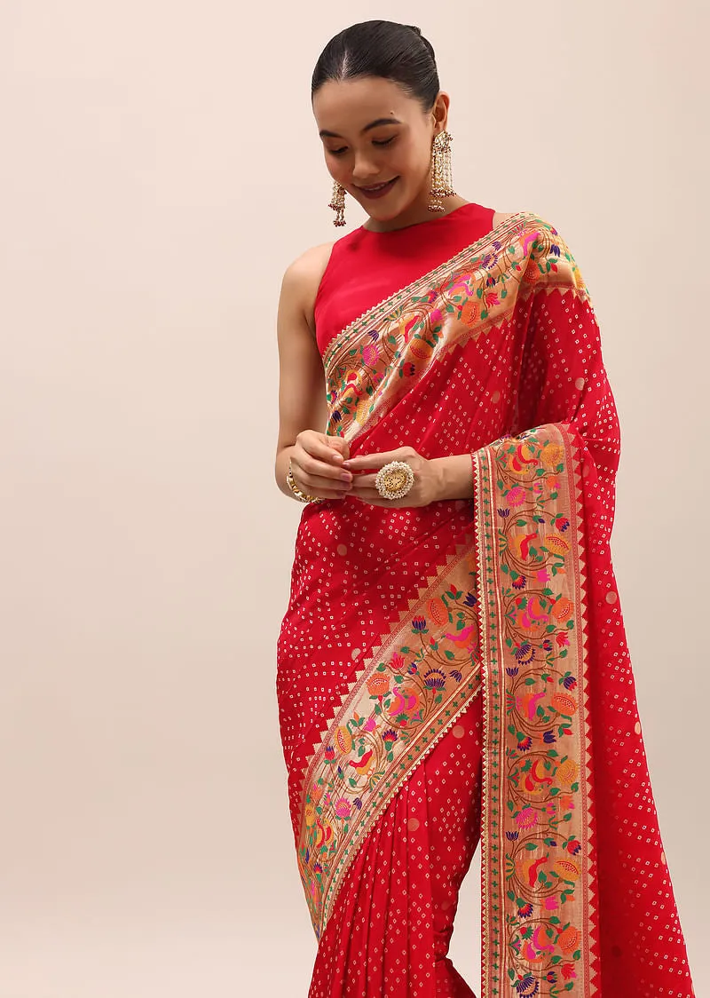 Red Bandhani Silk Saree