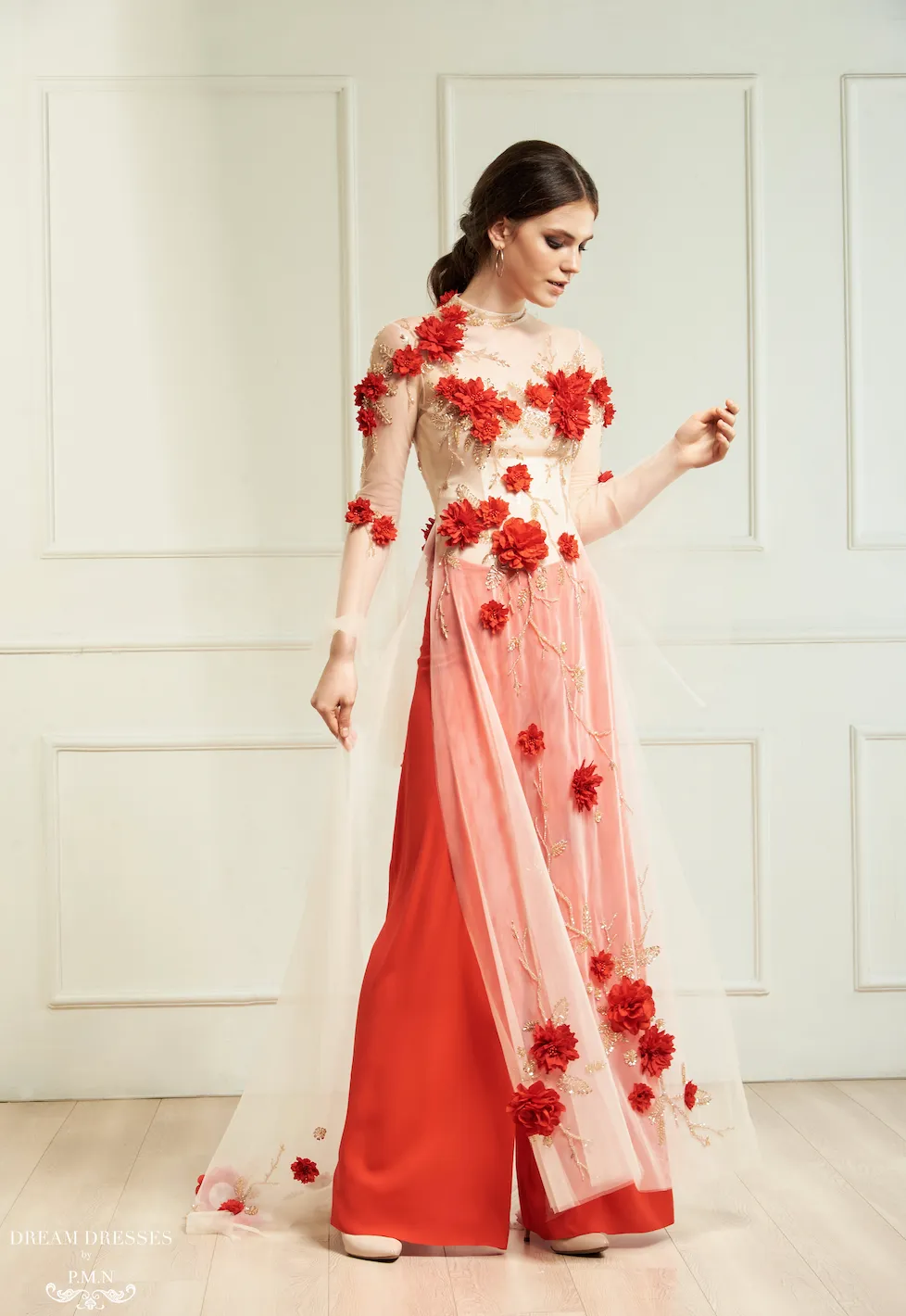 Red Bridal Ao Dai | Vietnamese Bridal Dress with Embellishment (#INA)