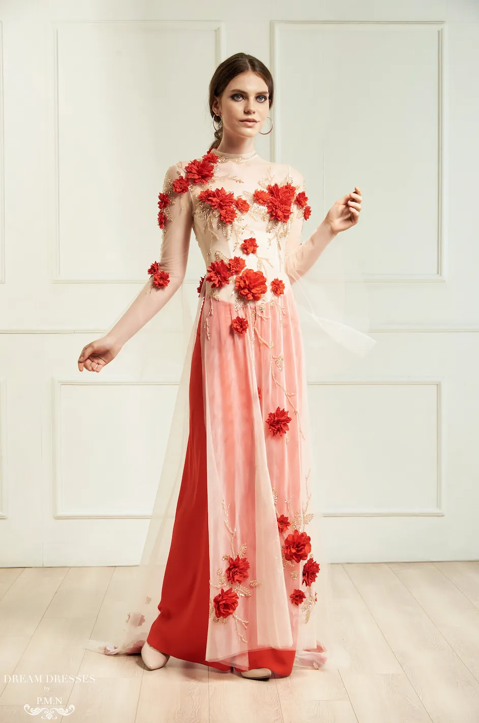 Red Bridal Ao Dai | Vietnamese Bridal Dress with Embellishment (#INA)