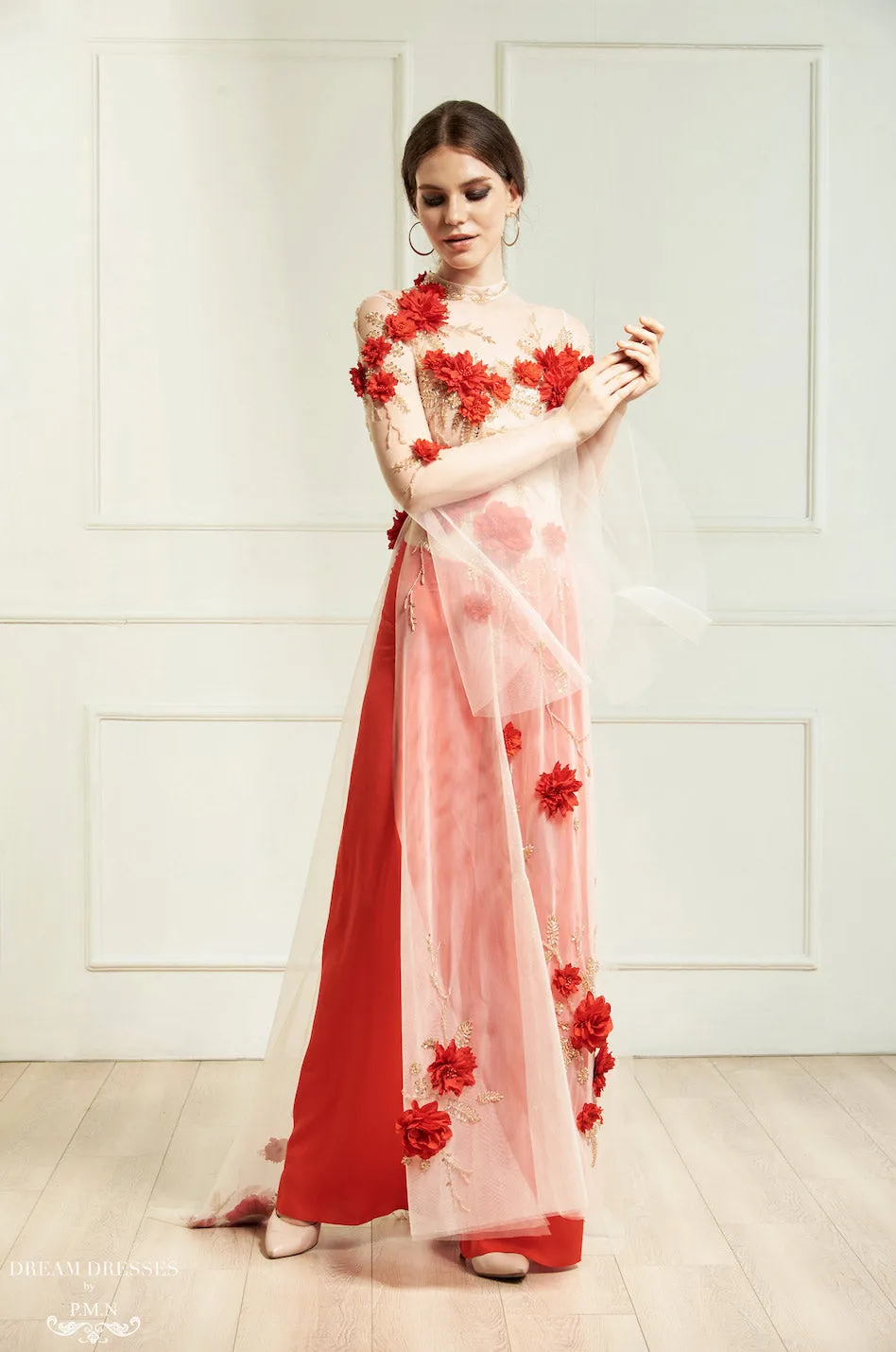 Red Bridal Ao Dai | Vietnamese Bridal Dress with Embellishment (#INA)