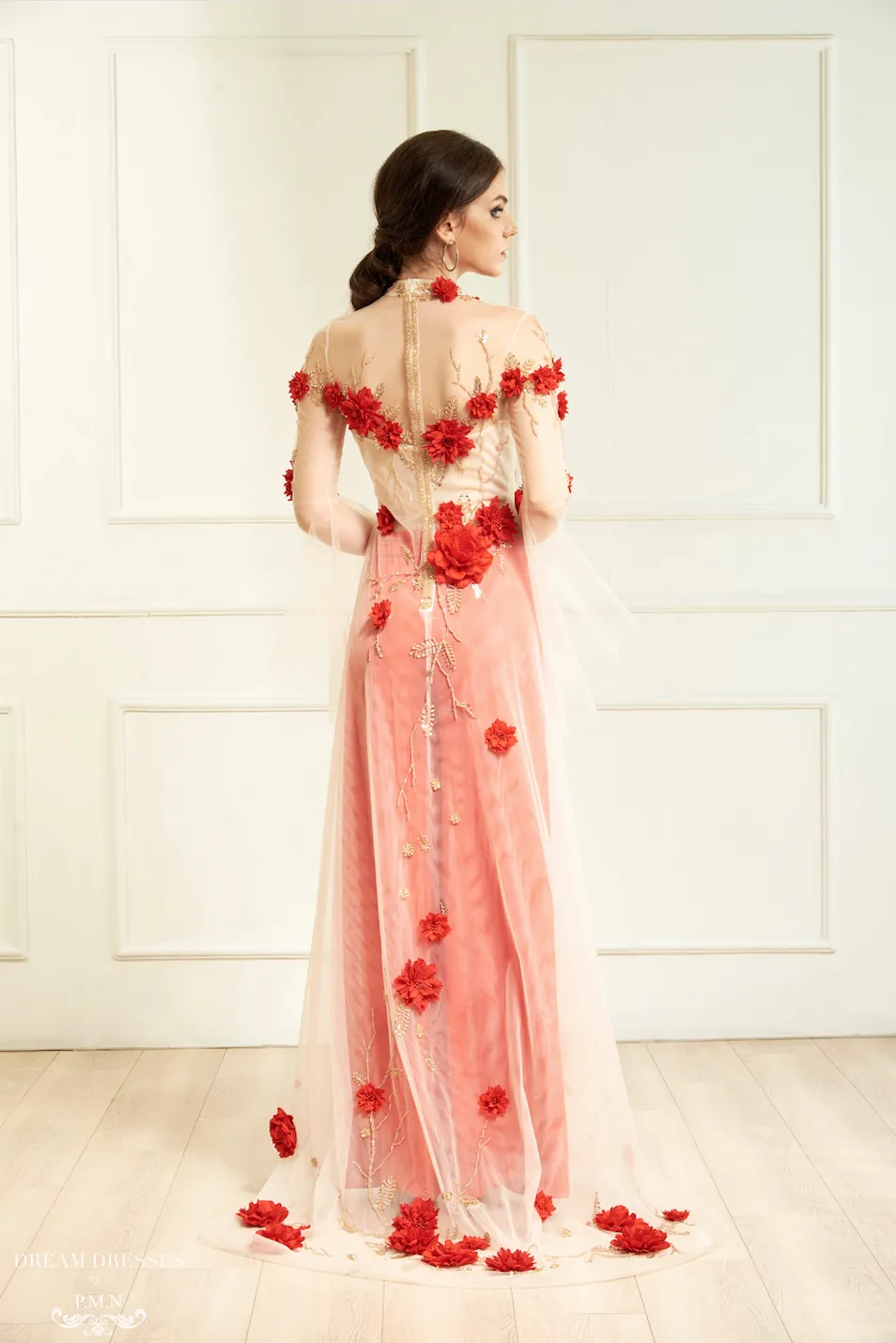 Red Bridal Ao Dai | Vietnamese Bridal Dress with Embellishment (#INA)