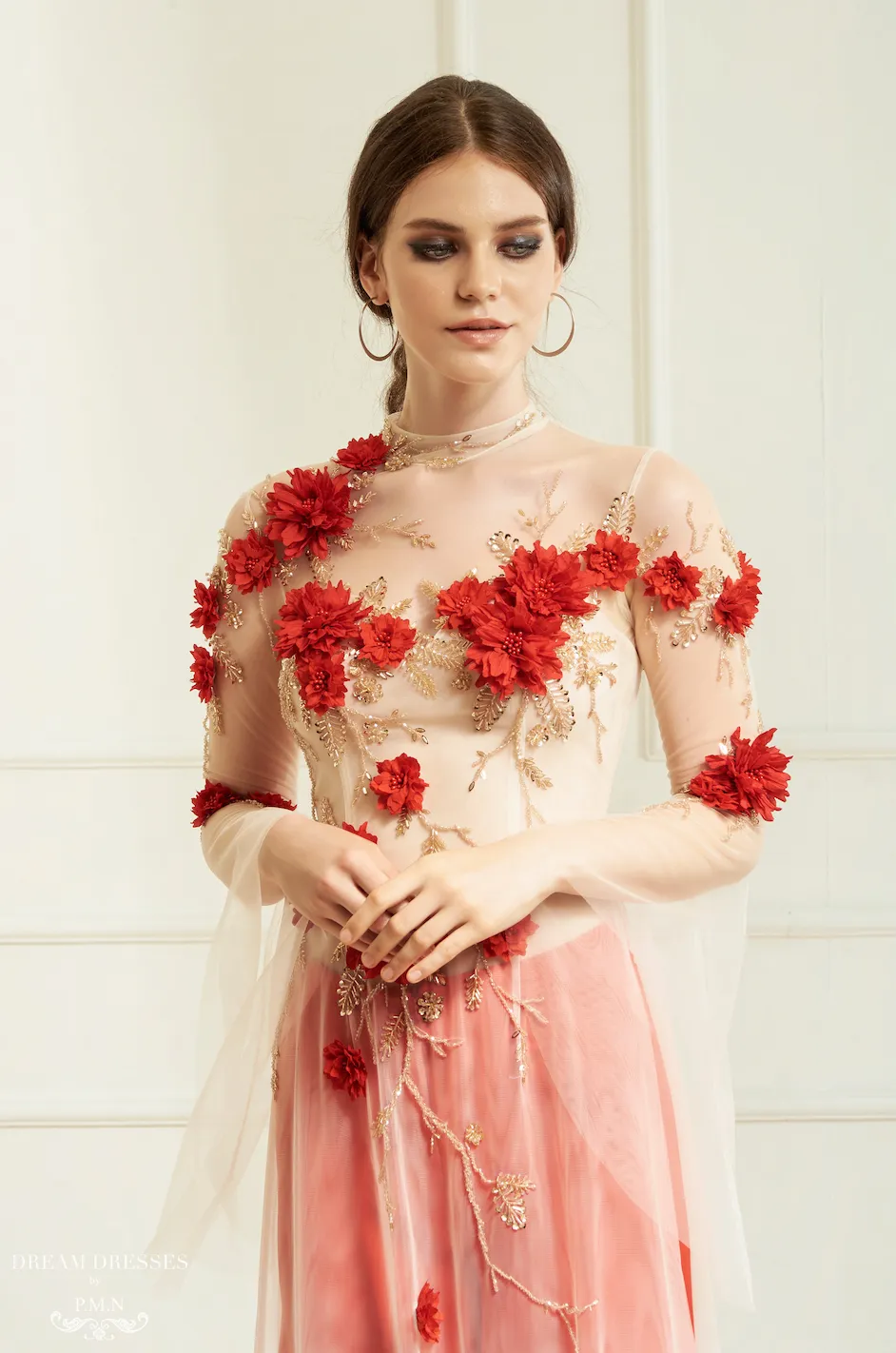 Red Bridal Ao Dai | Vietnamese Bridal Dress with Embellishment (#INA)