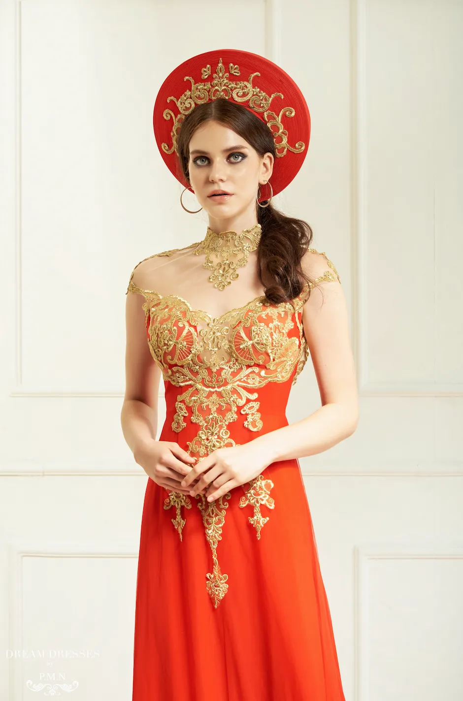 Red Bridal Ao Dai with Gold Lace | Vietnamese Bridal Dress (#KAROLIA)