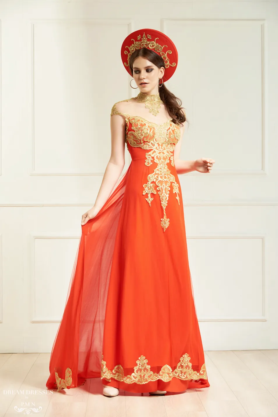 Red Bridal Ao Dai with Gold Lace | Vietnamese Bridal Dress (#KAROLIA)