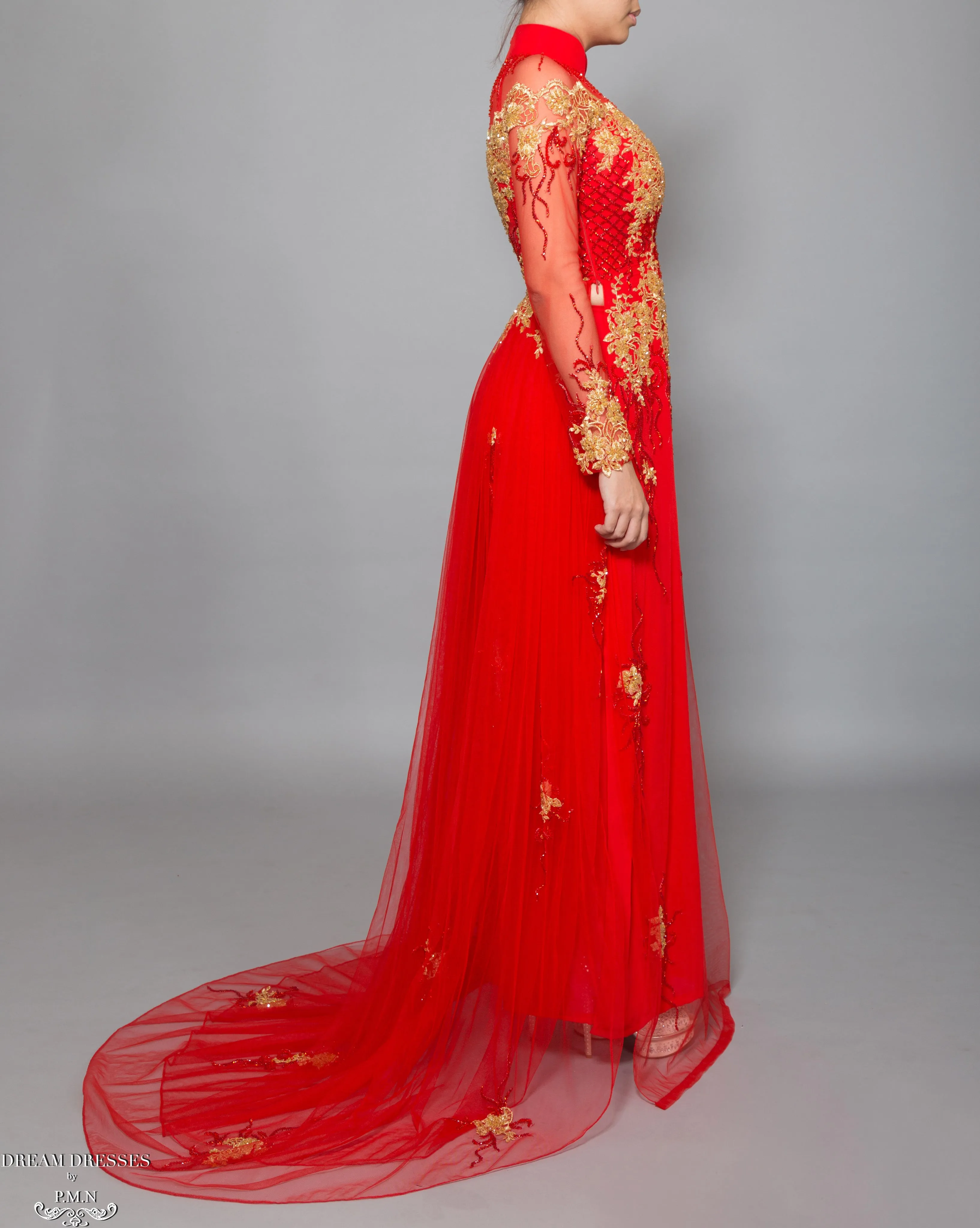 Red Bridal Ao Dai with Gold Lace | Vietnamese Bridal Dress with Embellishment (#KALEY)