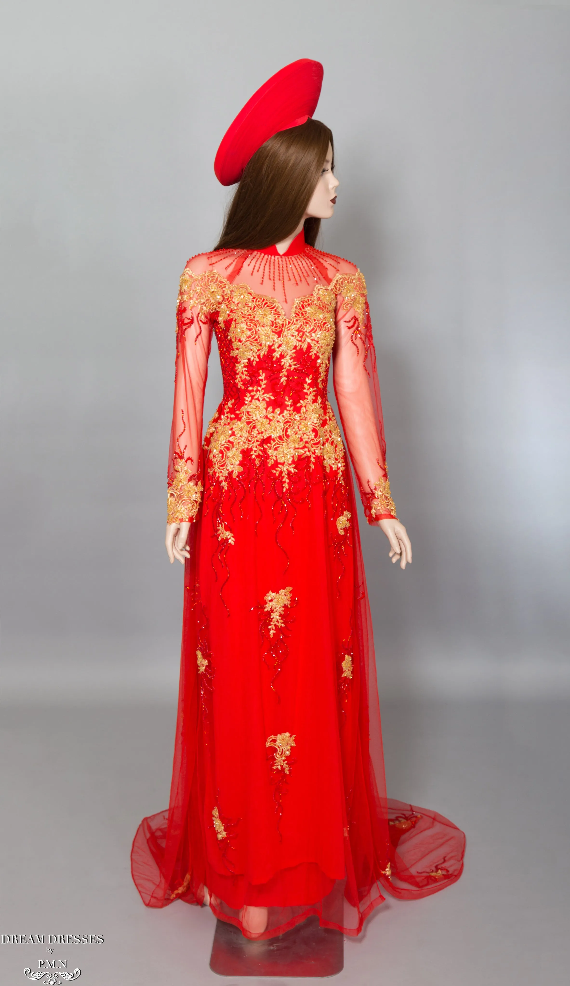 Red Bridal Ao Dai with Gold Lace | Vietnamese Bridal Dress with Embellishment (#KALEY)