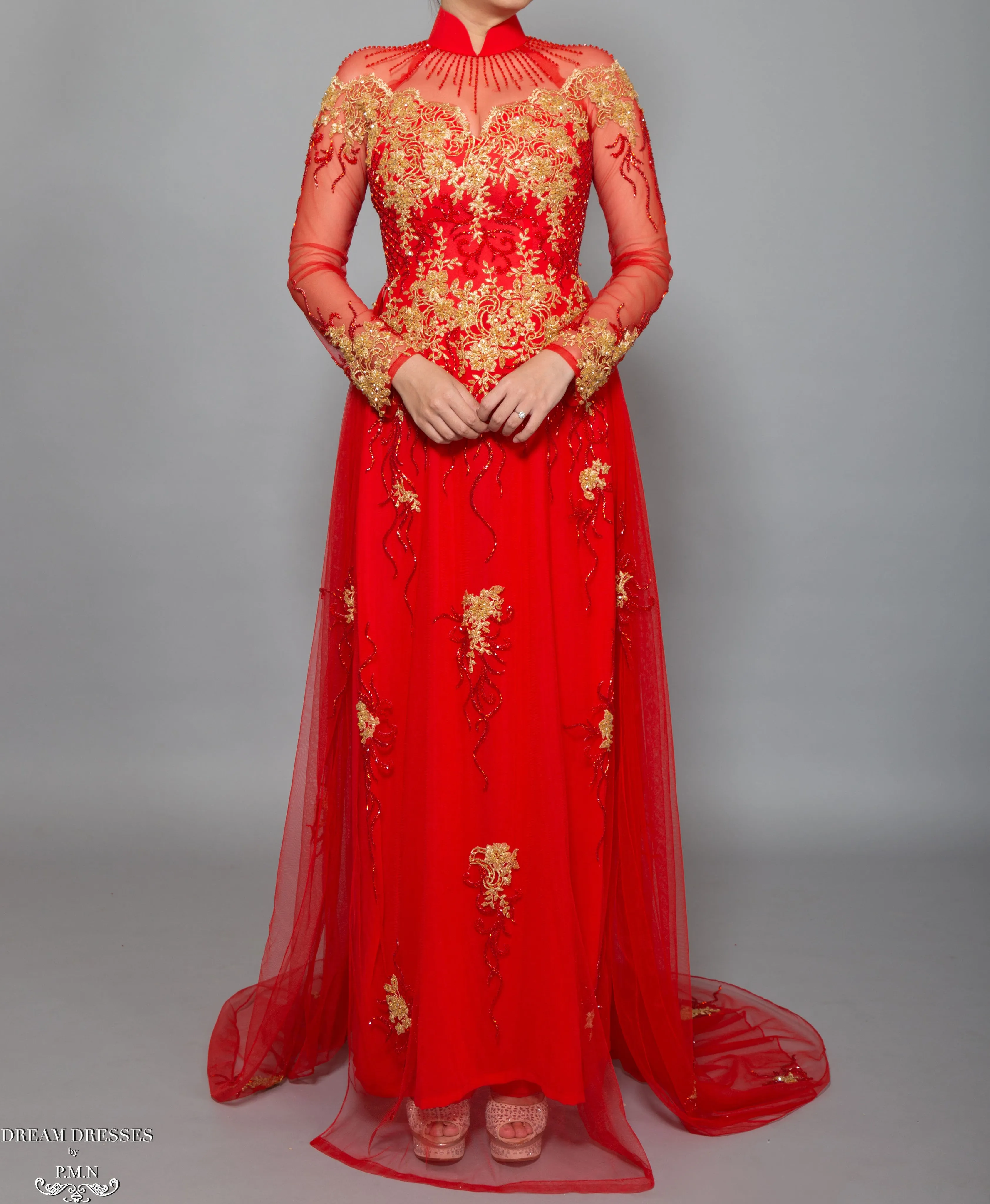 Red Bridal Ao Dai with Gold Lace | Vietnamese Bridal Dress with Embellishment (#KALEY)