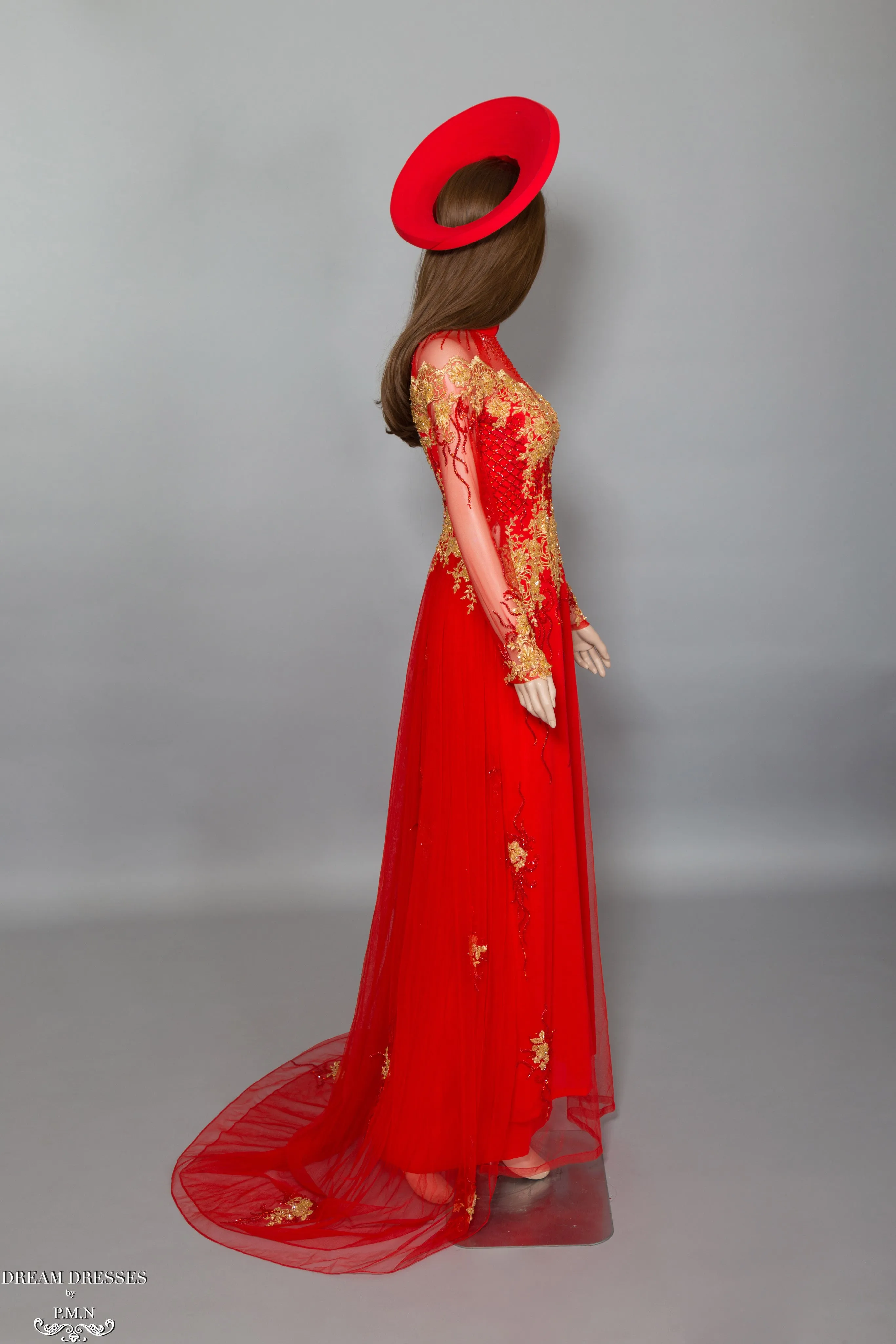 Red Bridal Ao Dai with Gold Lace | Vietnamese Bridal Dress with Embellishment (#KALEY)