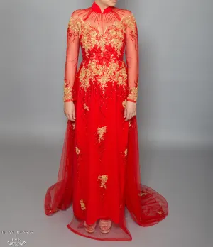 Red Bridal Ao Dai with Gold Lace | Vietnamese Bridal Dress with Embellishment (#KALEY)