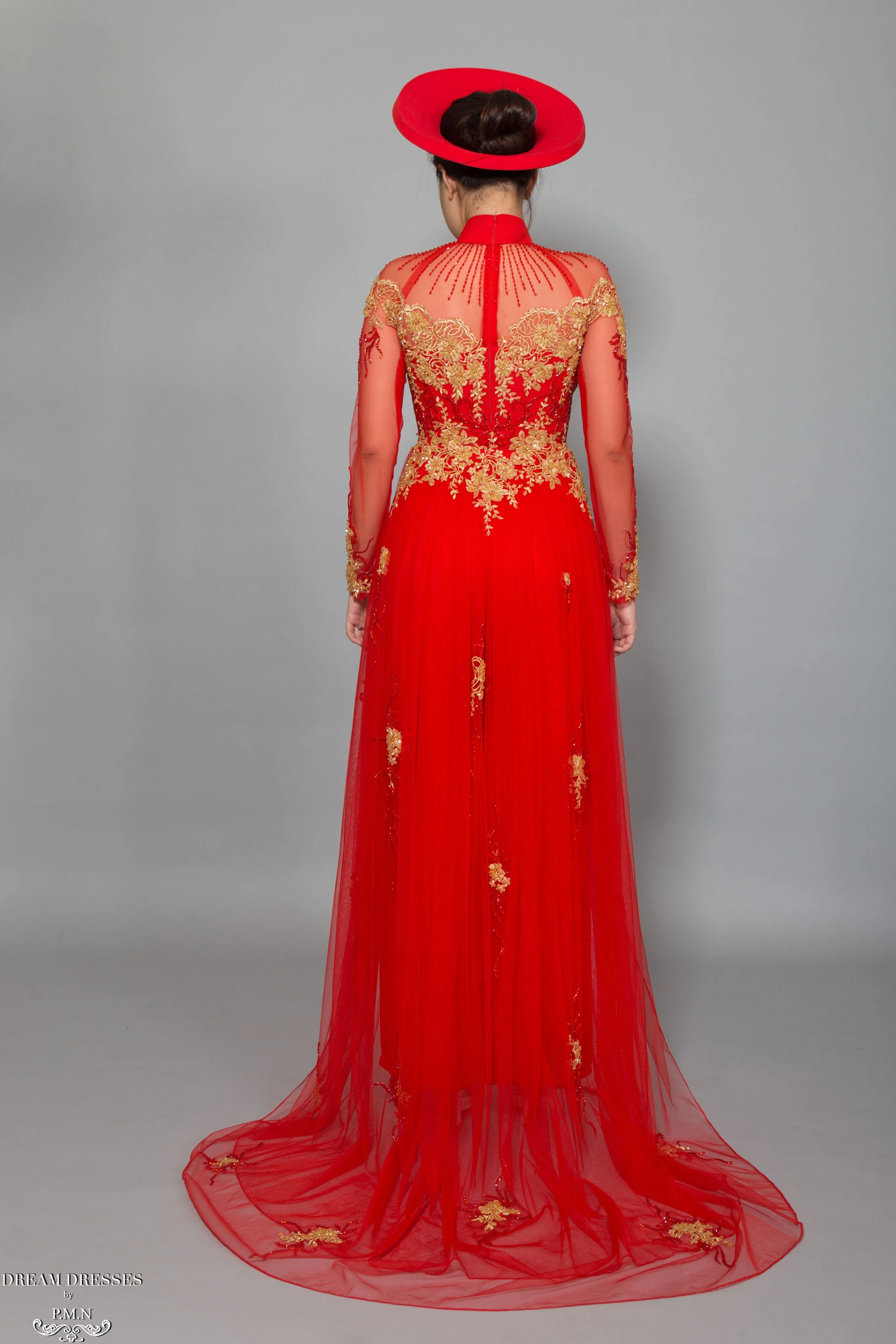 Red Bridal Ao Dai with Gold Lace | Vietnamese Bridal Dress with Embellishment (#KALEY)