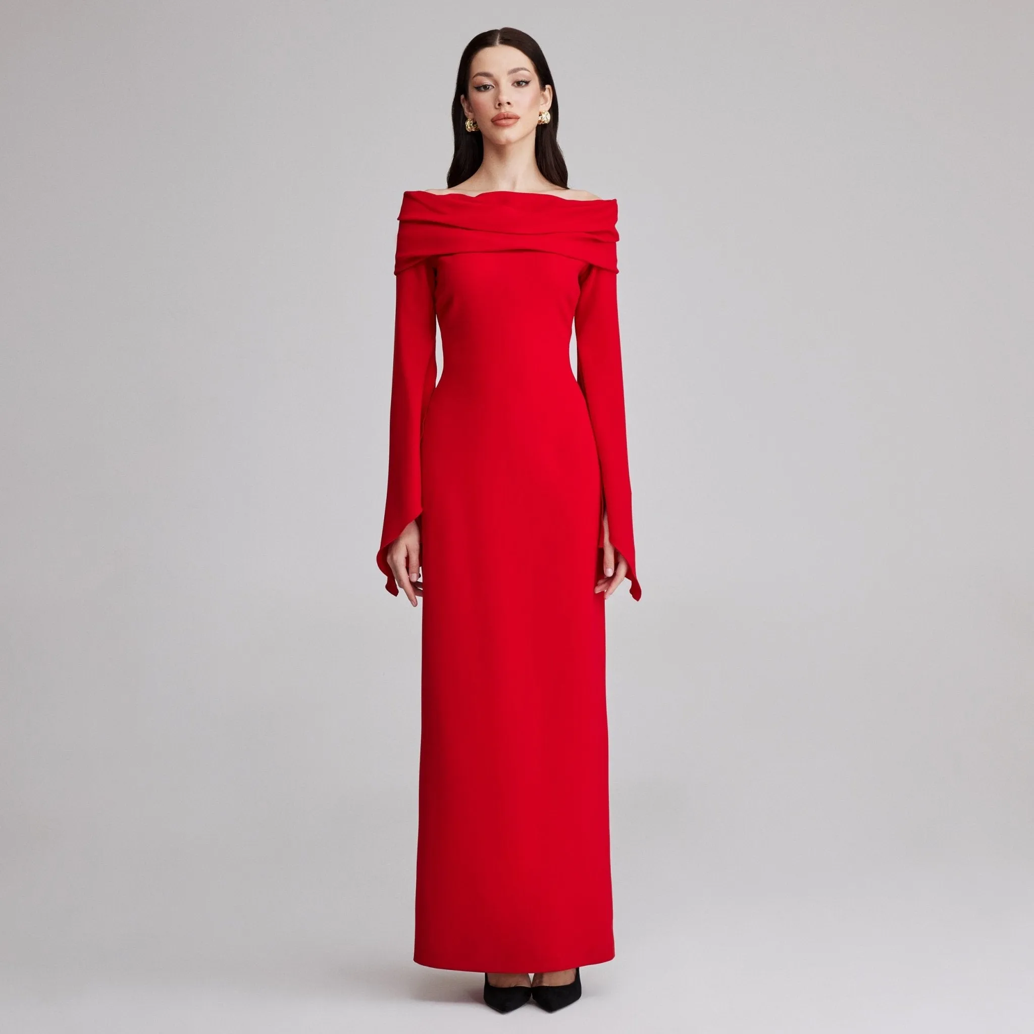 Red Draped off shoulder crepe Maxi dress