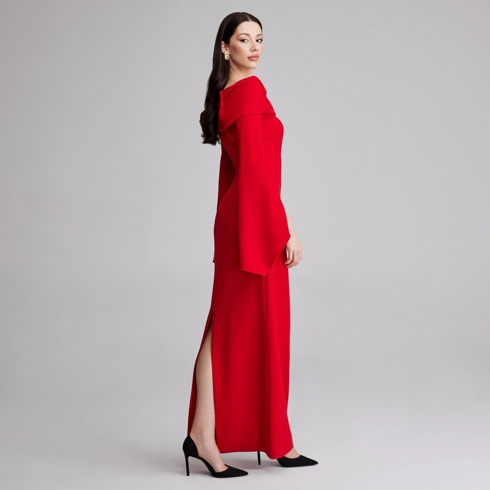 Red Draped off shoulder crepe Maxi dress