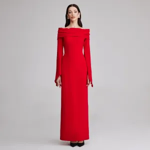 Red Draped off shoulder crepe Maxi dress
