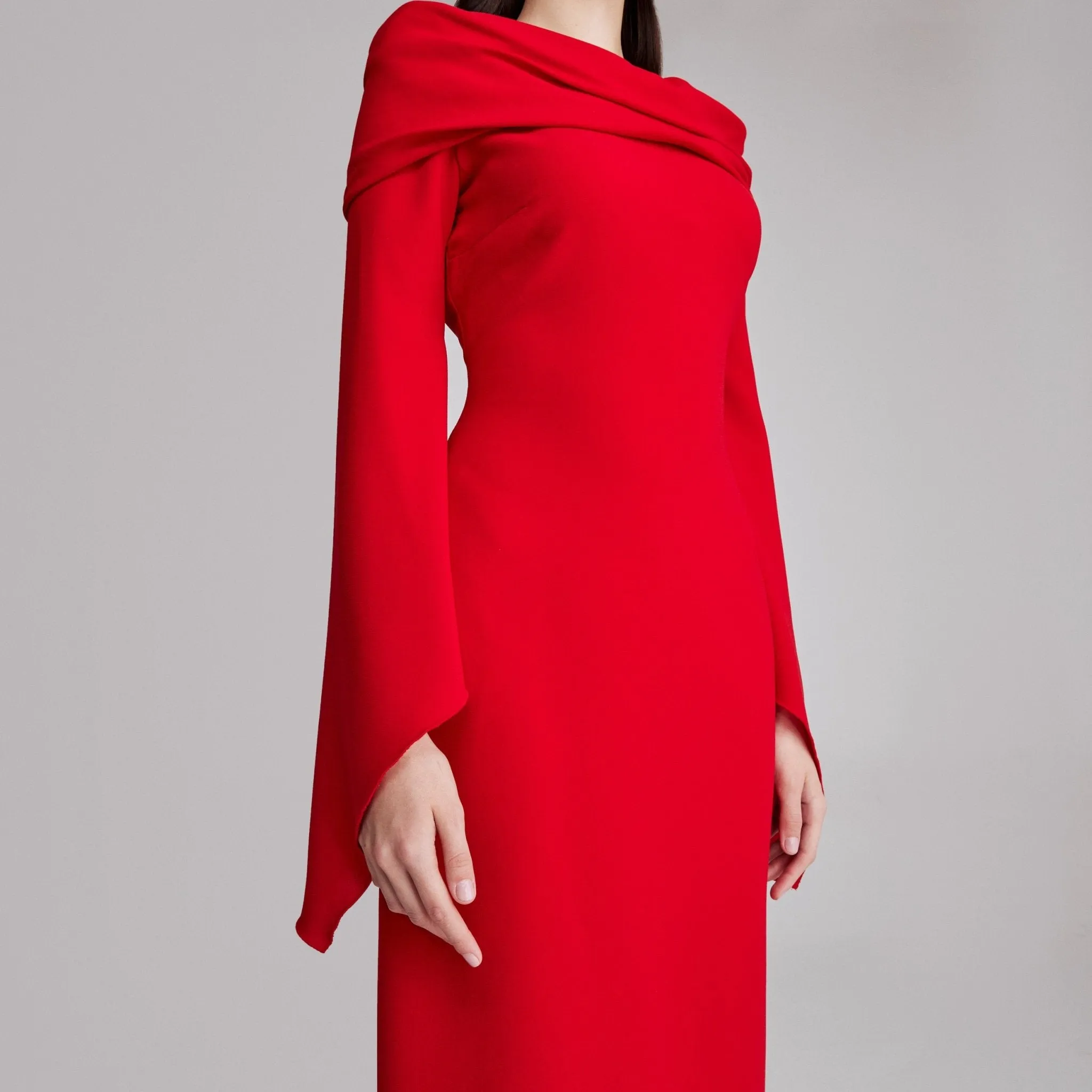 Red Draped off shoulder crepe Maxi dress
