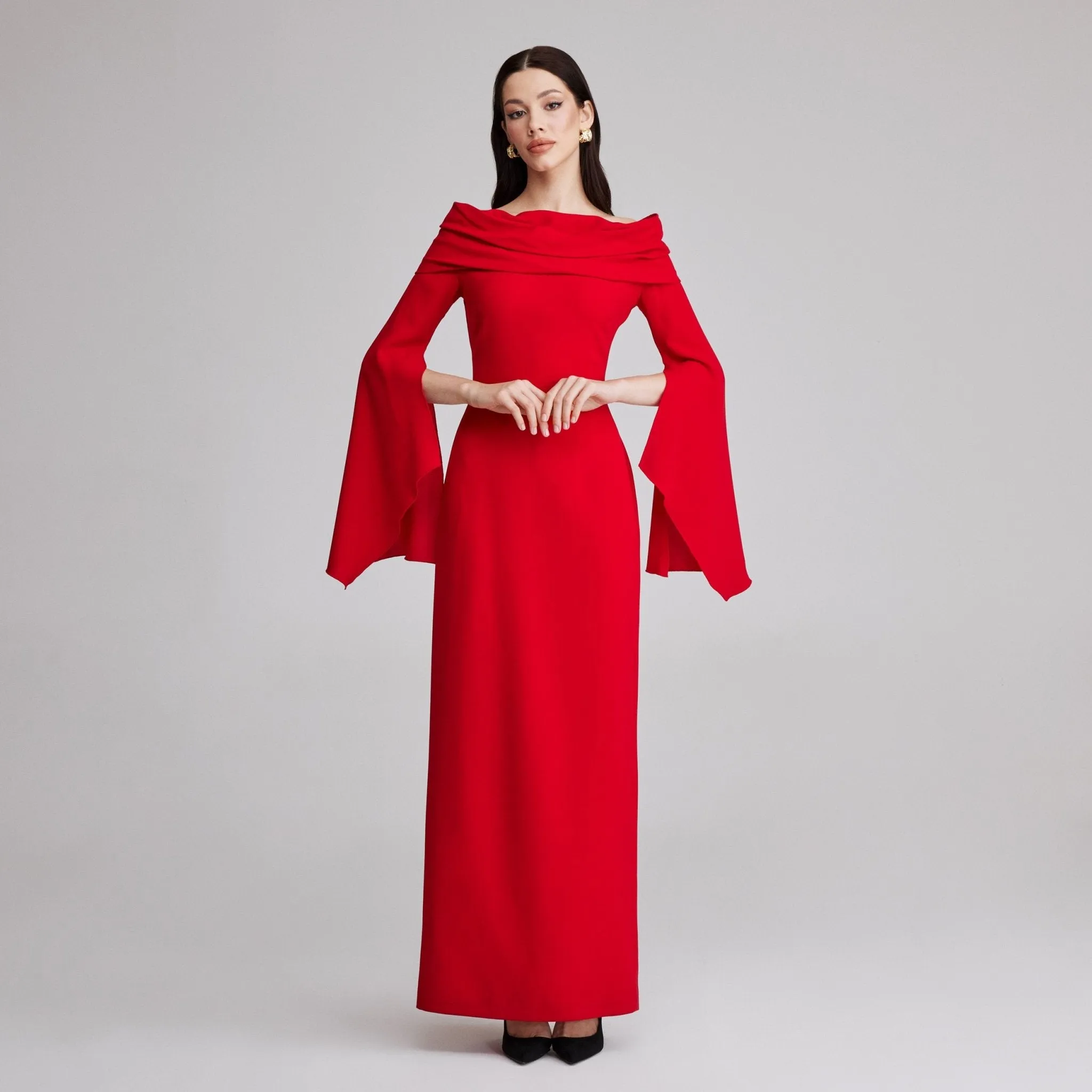 Red Draped off shoulder crepe Maxi dress