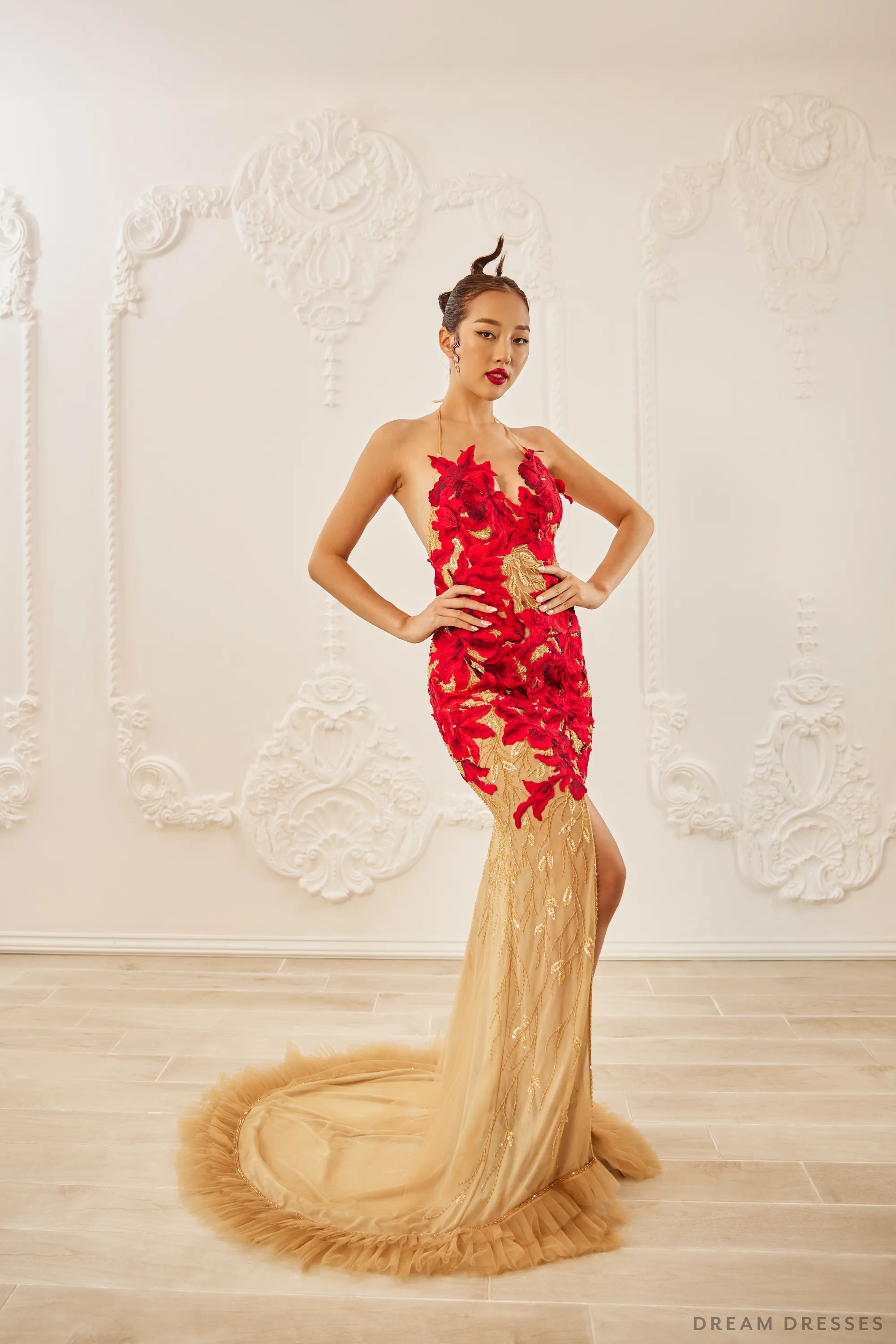 Red Evening Gown with Custom Embroidery (#LILIANE)