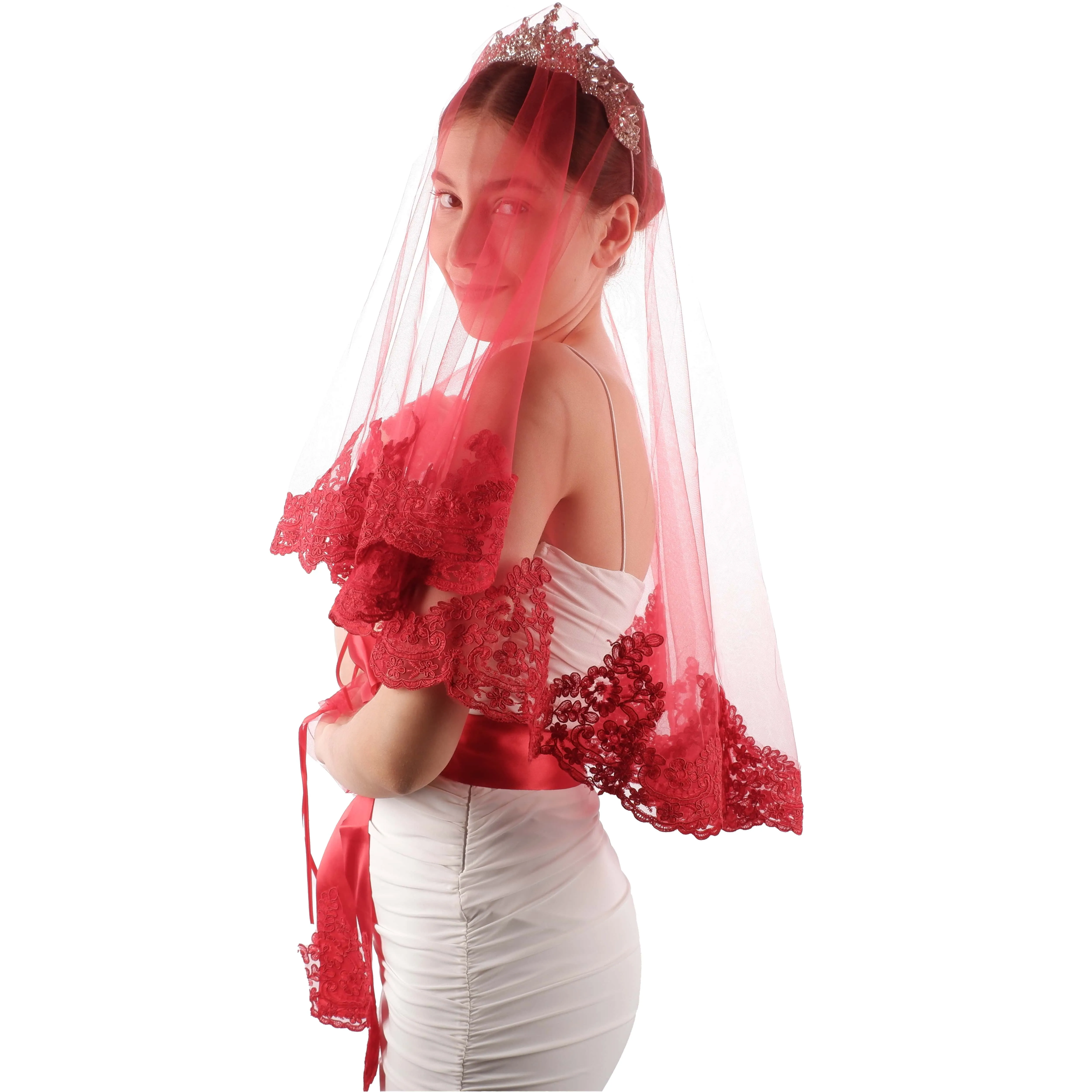 Red Lace Embroidered Bridal Veil Special Face Cover for Engagement and Henna Night
