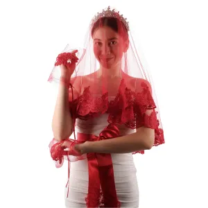Red Lace Embroidered Bridal Veil Special Face Cover for Engagement and Henna Night