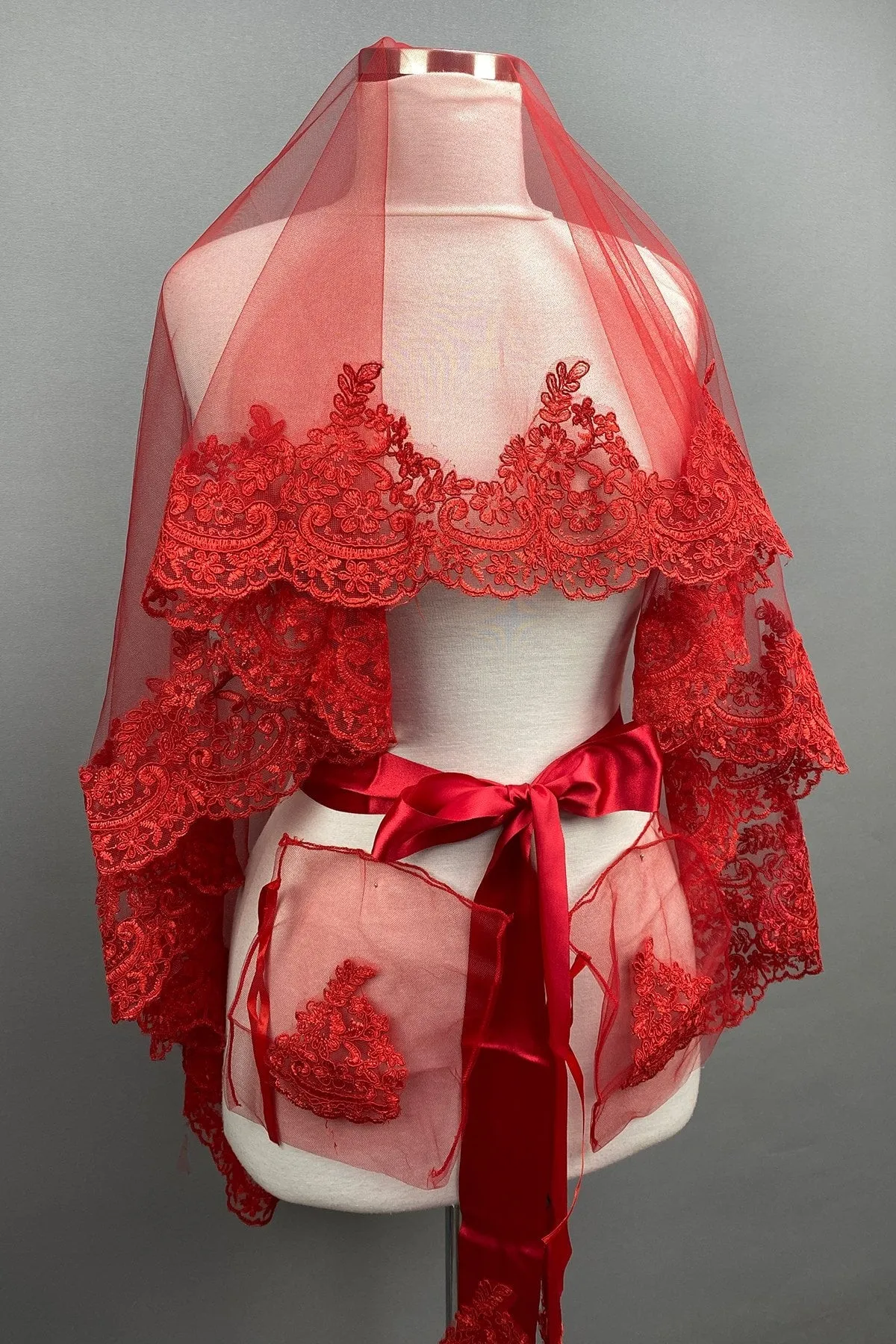 Red Lace Embroidered Bridal Veil Special Face Cover for Engagement and Henna Night
