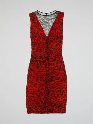 Red Leopard Print Ruched Dress