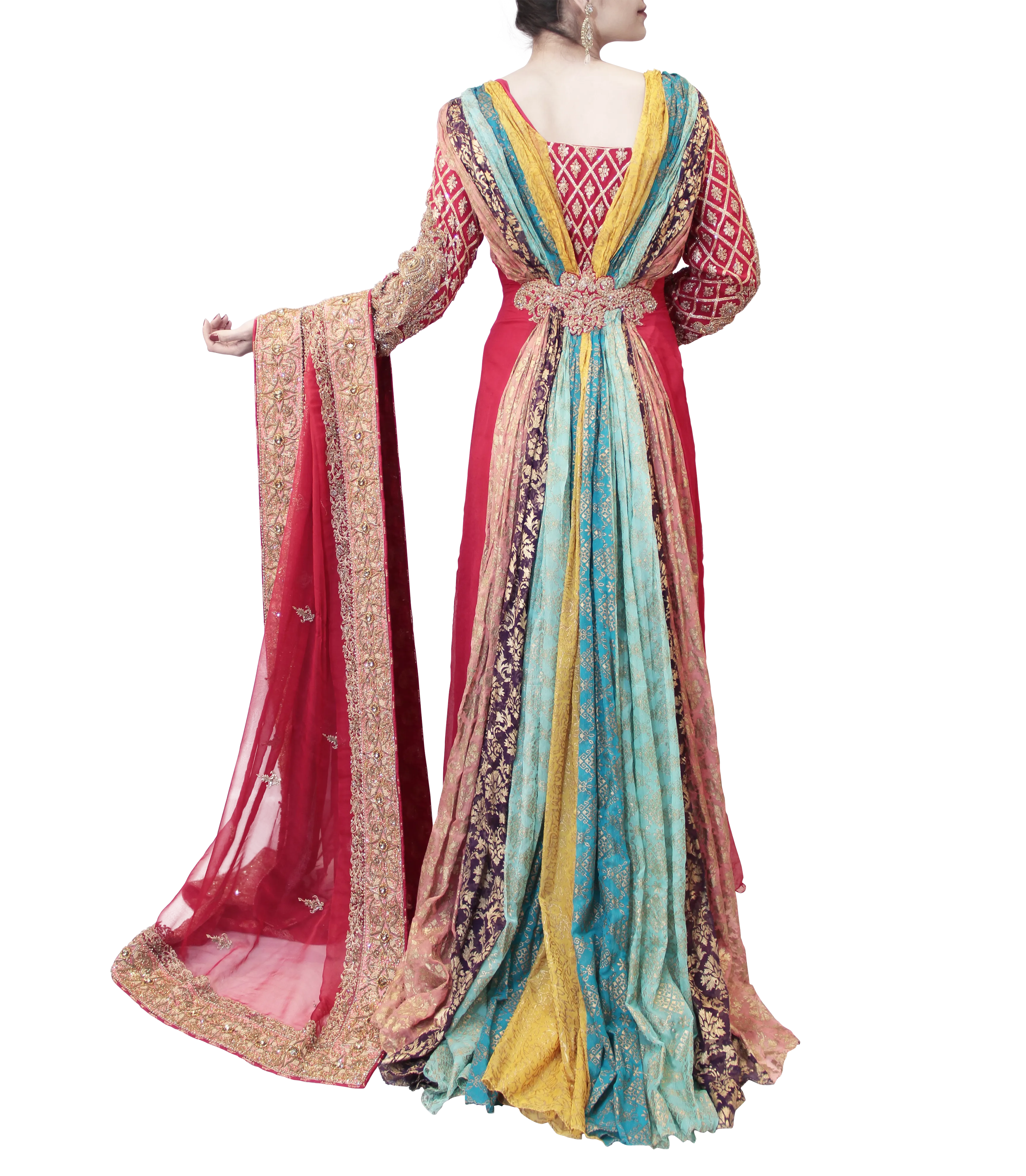 RED PAKISTANI BRIDAL GOWN WITH MULTICOLORED TRAIL