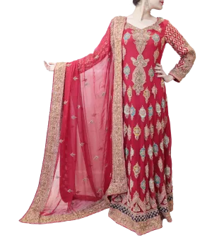 RED PAKISTANI BRIDAL GOWN WITH MULTICOLORED TRAIL