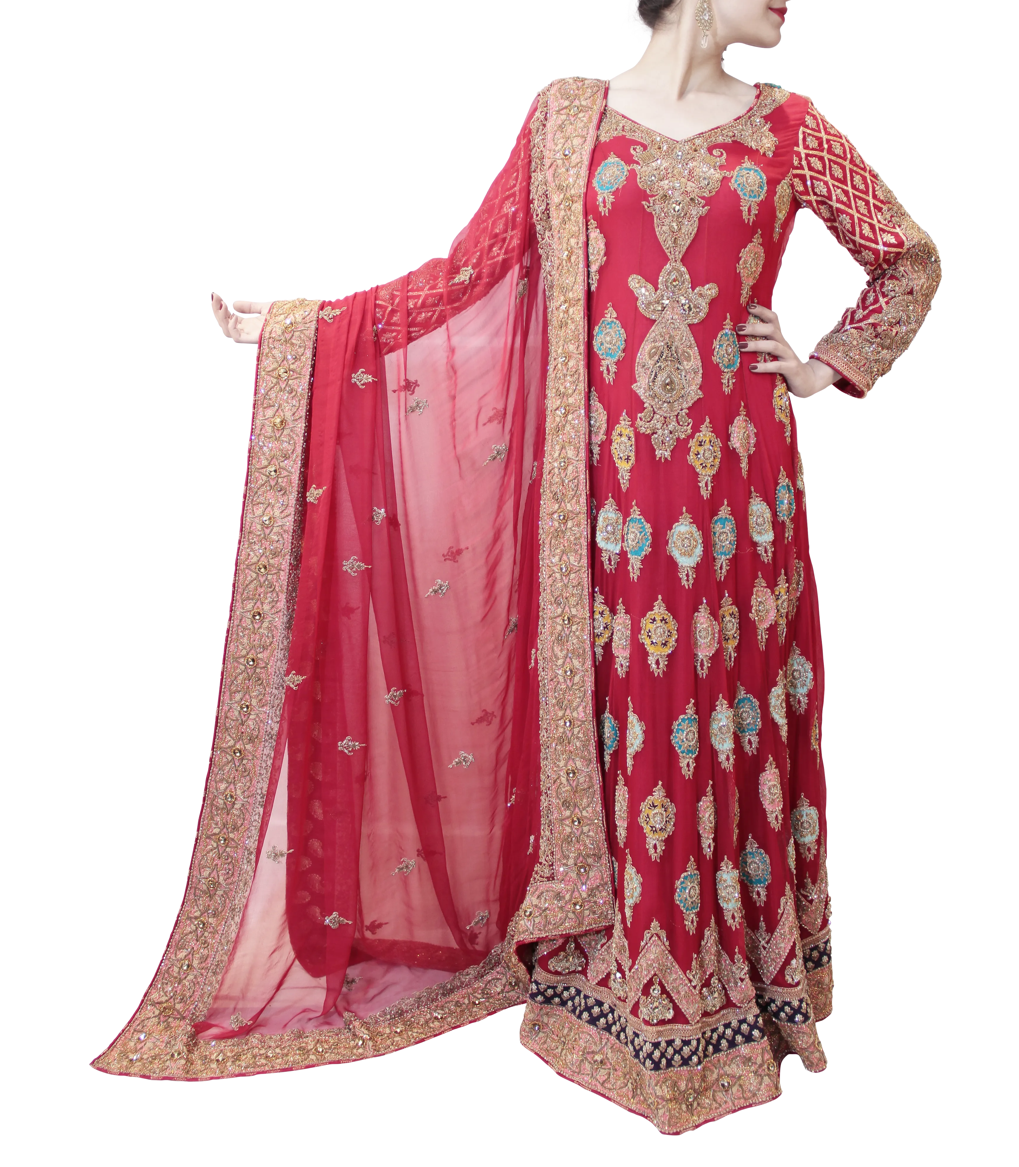 RED PAKISTANI BRIDAL GOWN WITH MULTICOLORED TRAIL