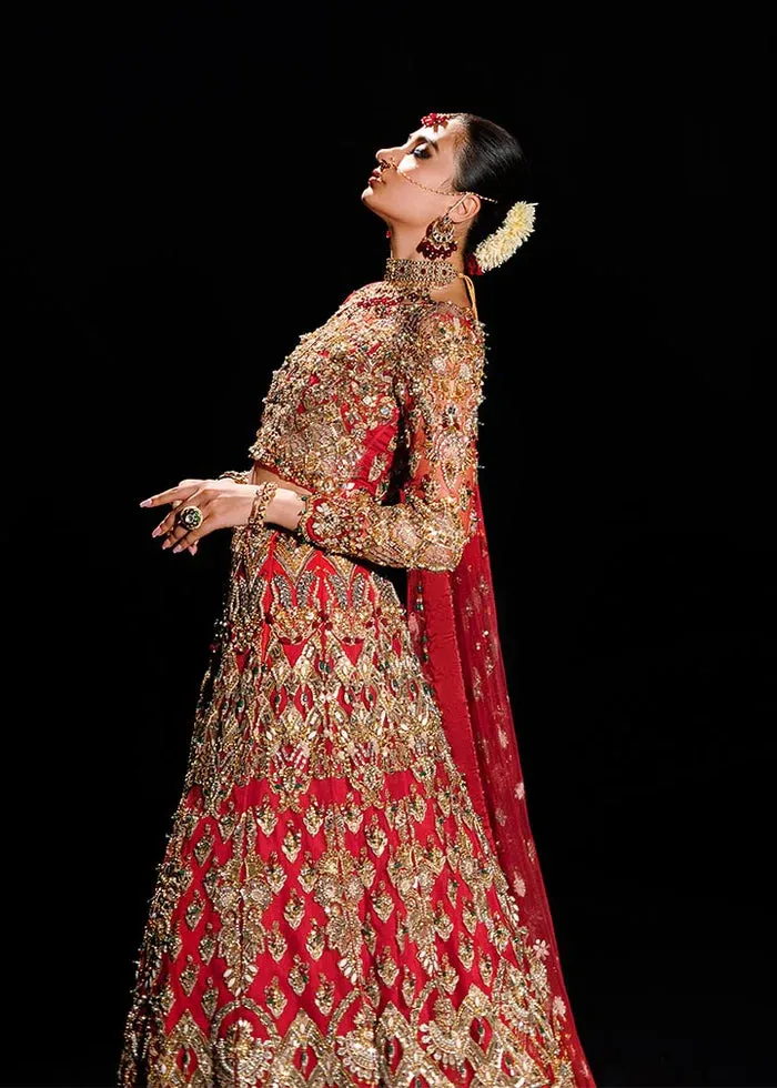 Red Pakistani Bridal Outfit in Lehenga Choli Style