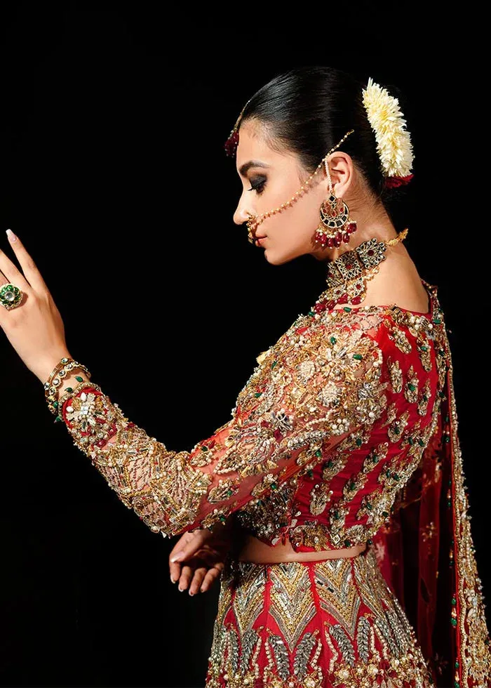 Red Pakistani Bridal Outfit in Lehenga Choli Style