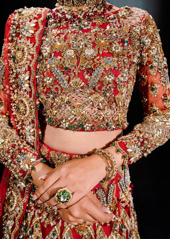 Red Pakistani Bridal Outfit in Lehenga Choli Style