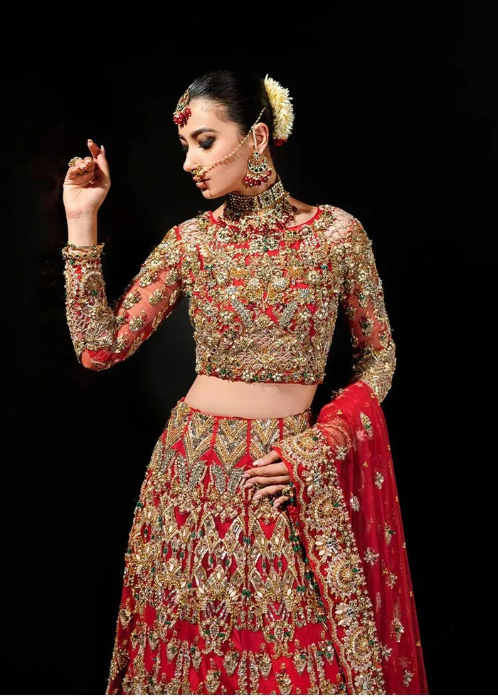 Red Pakistani Bridal Outfit in Lehenga Choli Style