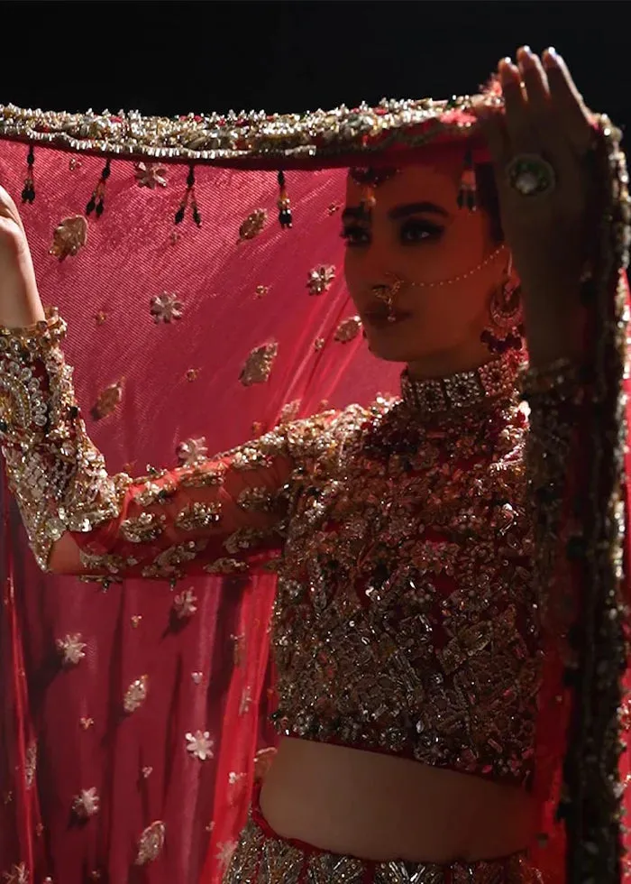 Red Pakistani Bridal Outfit in Lehenga Choli Style