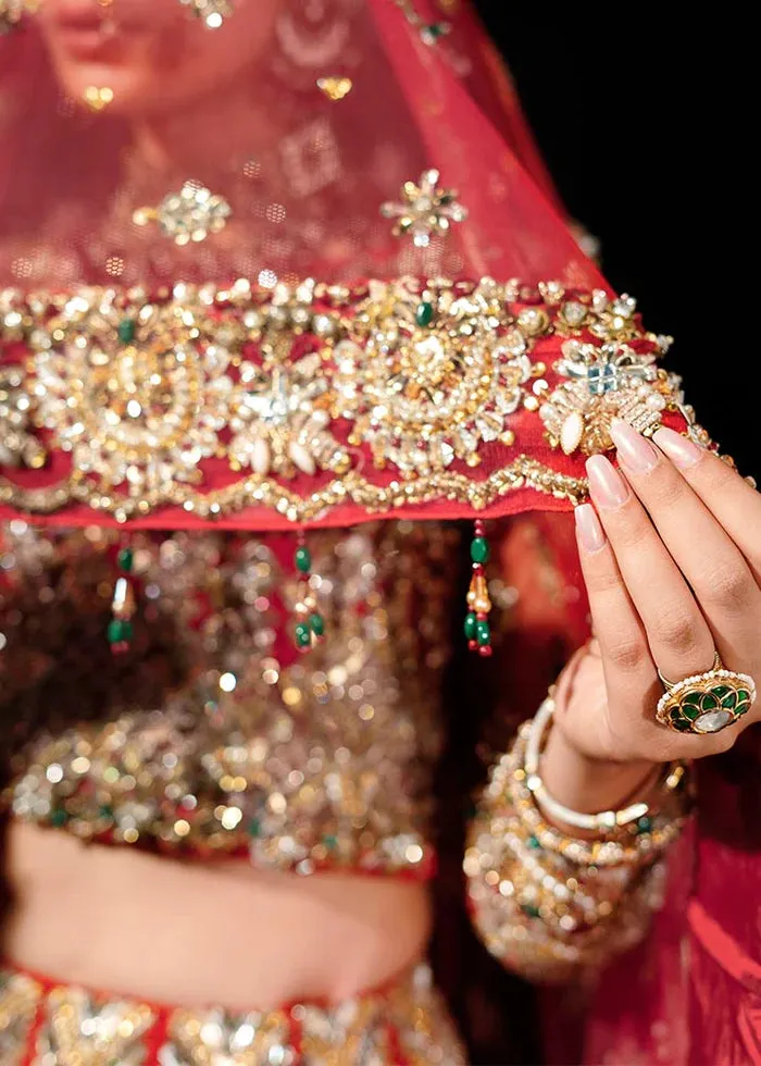Red Pakistani Bridal Outfit in Lehenga Choli Style