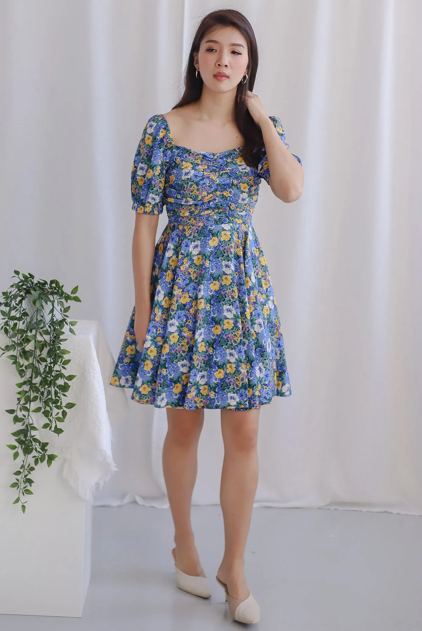 *Restocked* Emily Floral Ruched Dress In Blue