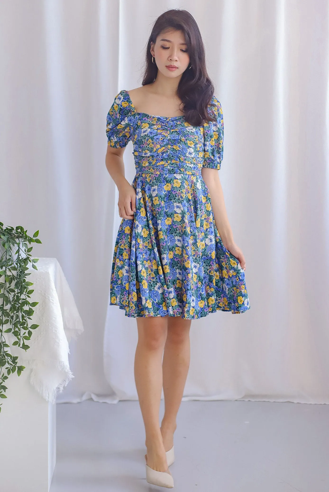 *Restocked* Emily Floral Ruched Dress In Blue
