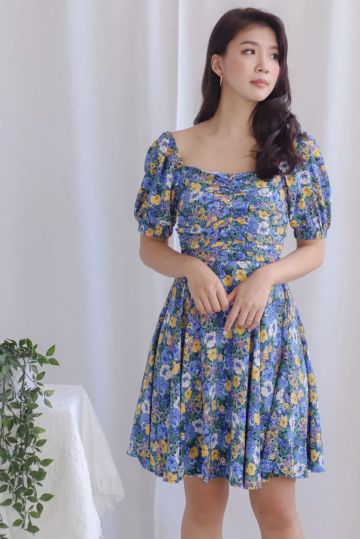 *Restocked* Emily Floral Ruched Dress In Blue