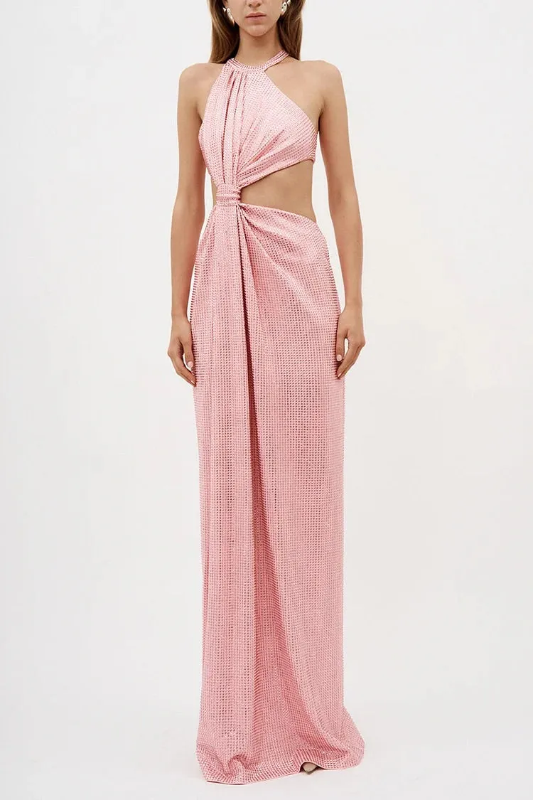 Rhinestone Knotted Cut Out Halter Formal Party Maxi Dresses-Pink
