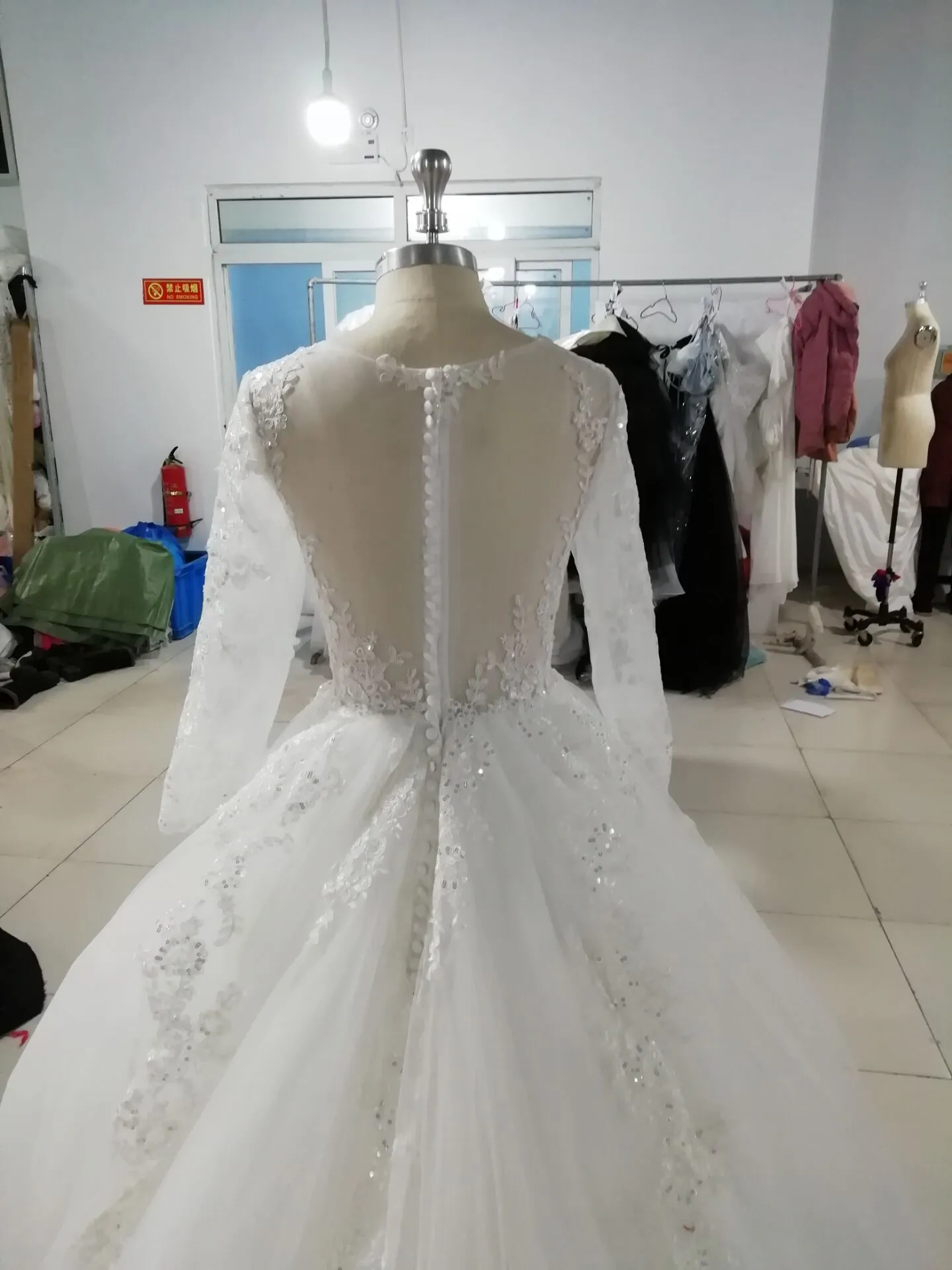 Romantic Lace Long Sleeves Wedding Gown with Sheer Neckline