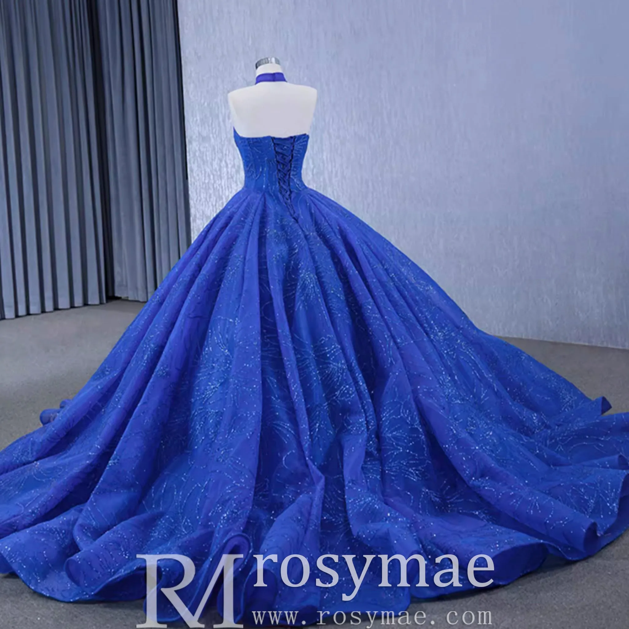 Royal Blue Beaded Lace Wedding Gown Halter Neck Quinceanera Dress