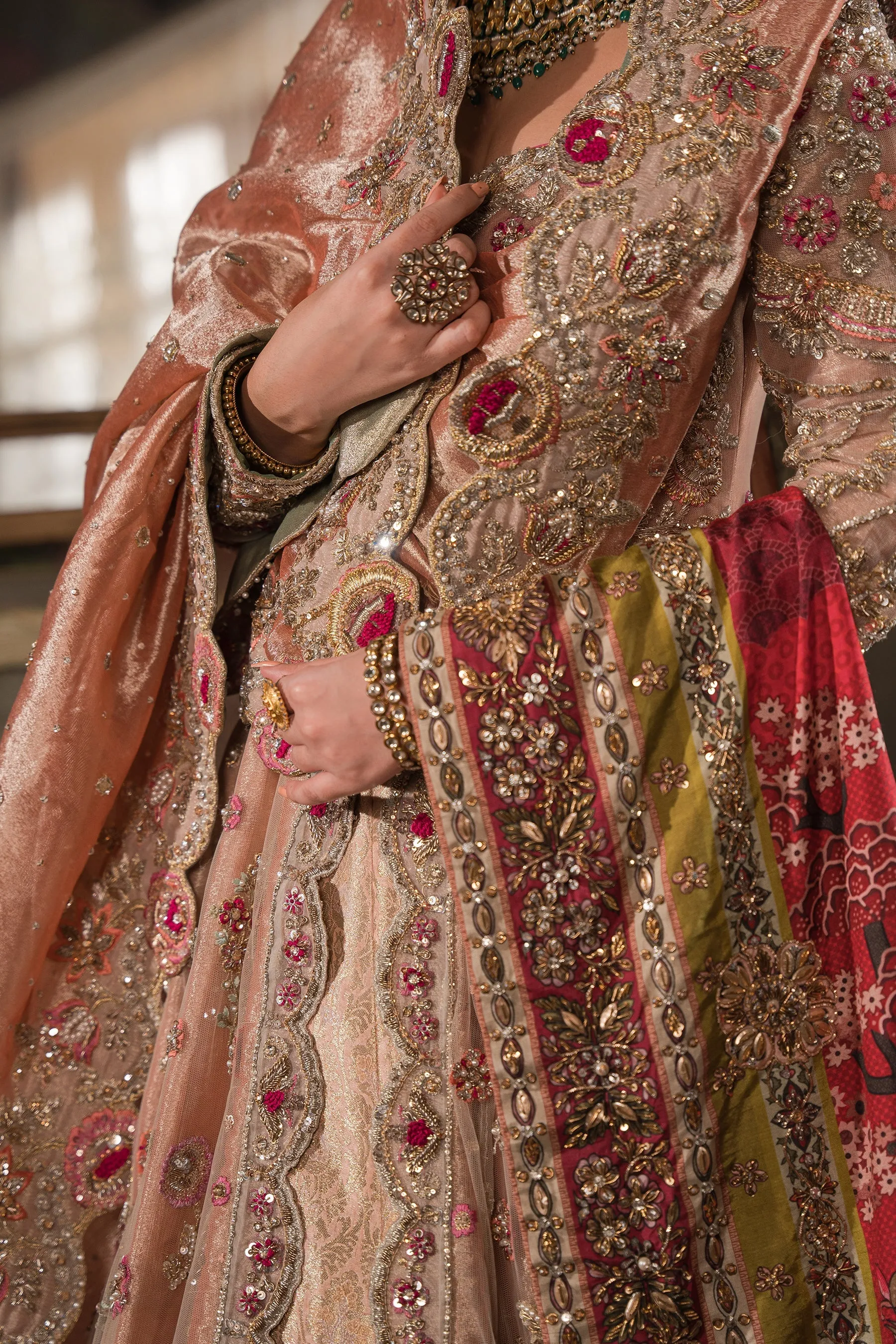 Royal Coral Peach Embroidered Pakistani Bridal Dress Lehenga Pishwas