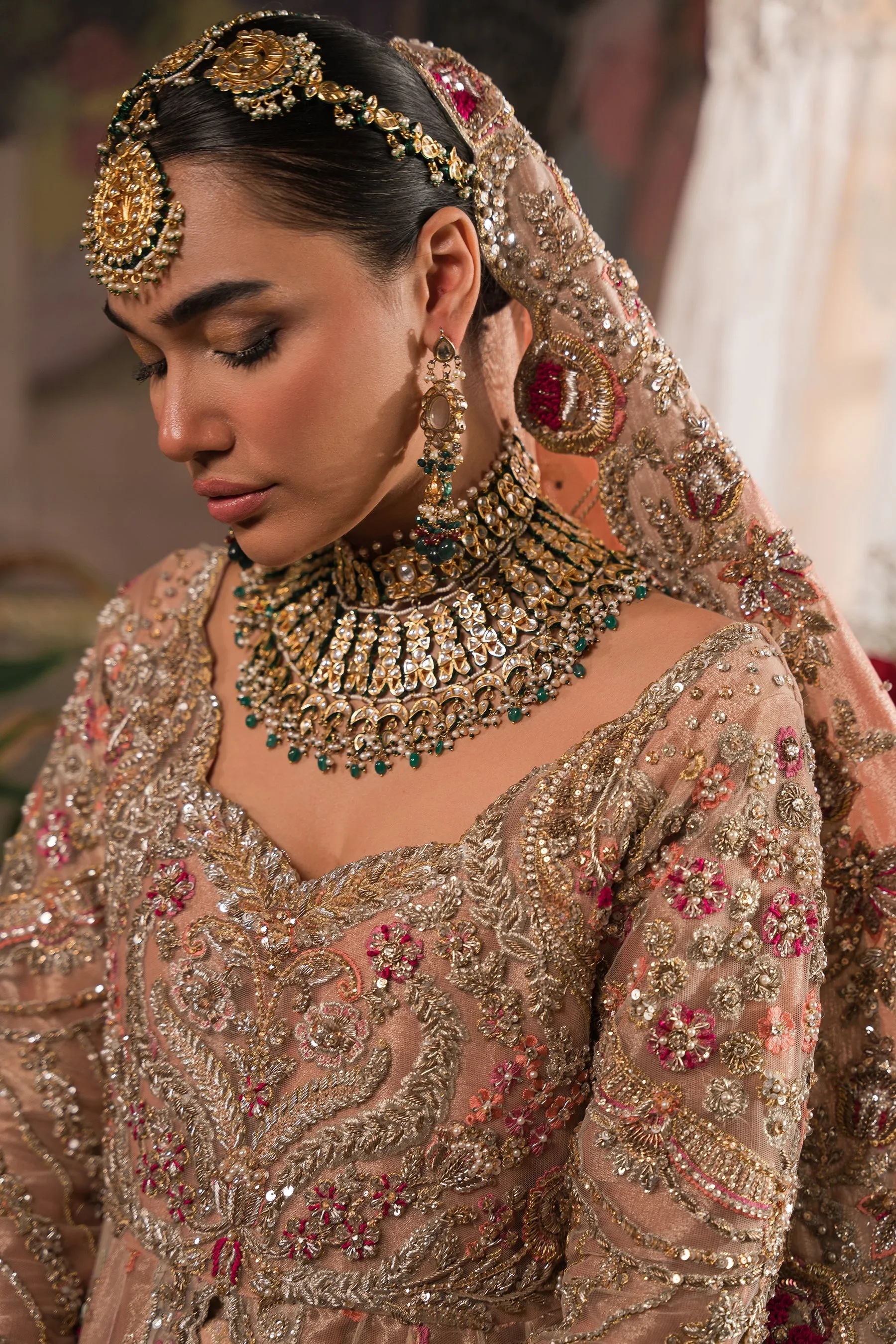 Royal Coral Peach Embroidered Pakistani Bridal Dress Lehenga Pishwas