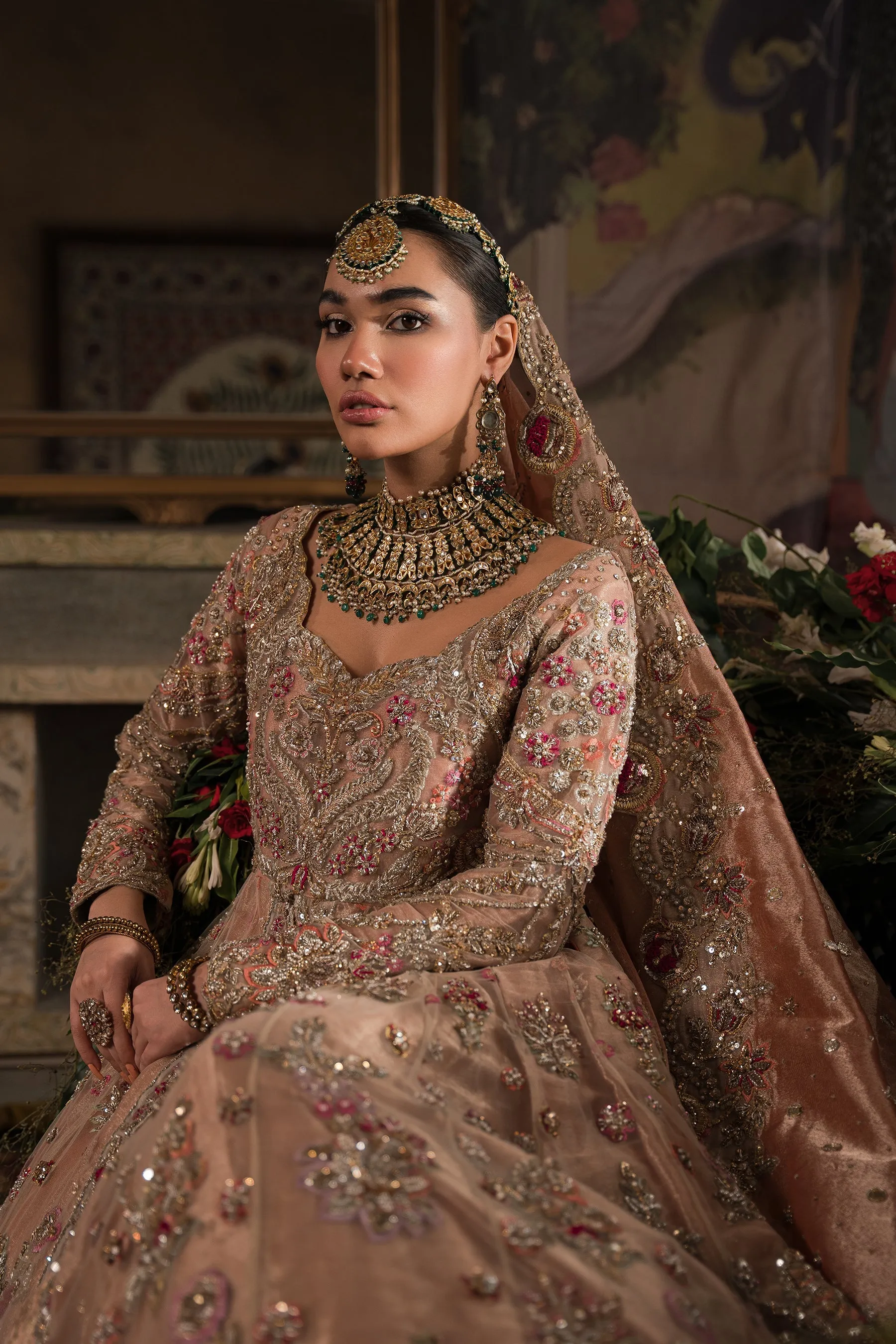 Royal Coral Peach Embroidered Pakistani Bridal Dress Lehenga Pishwas