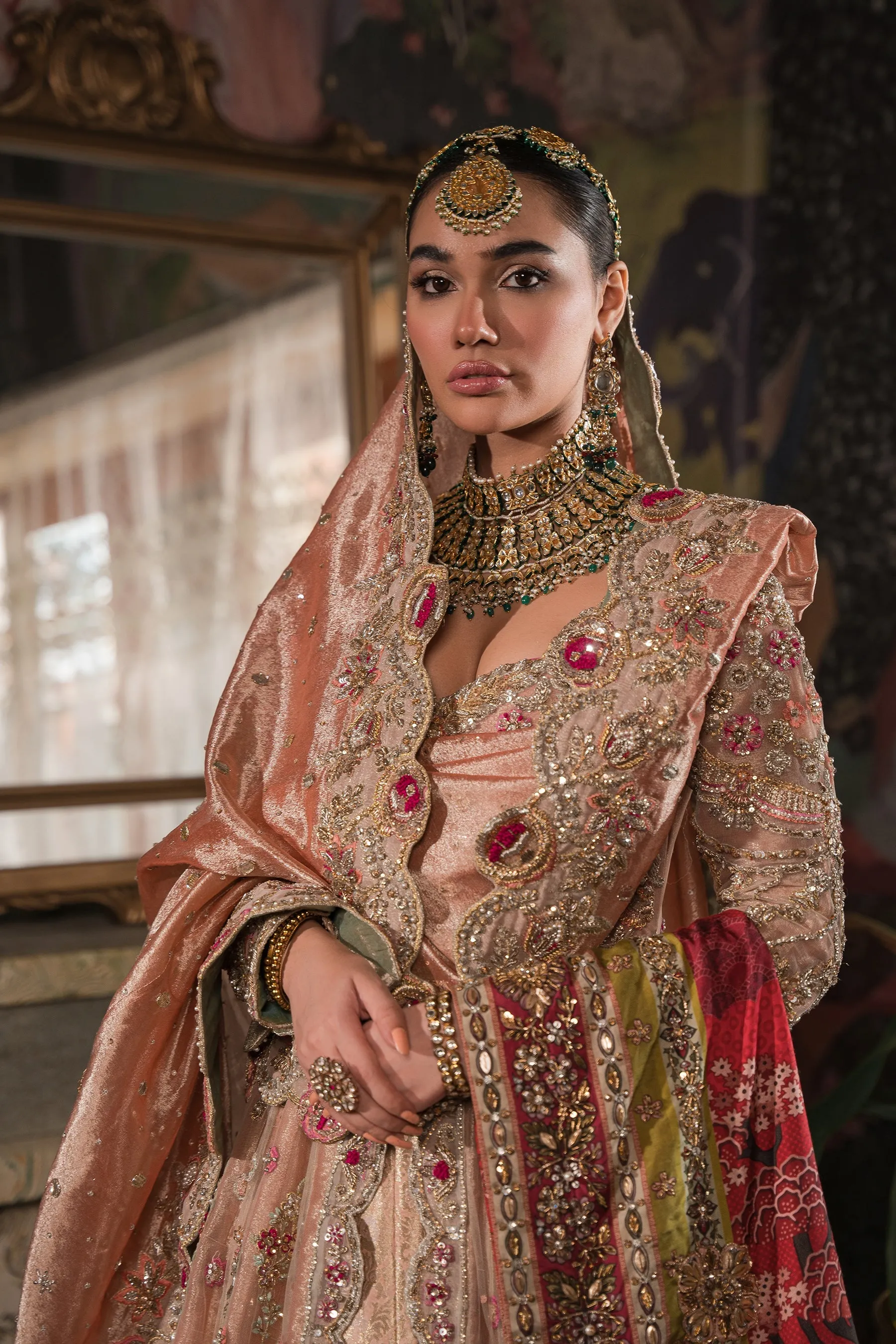 Royal Coral Peach Embroidered Pakistani Bridal Dress Lehenga Pishwas