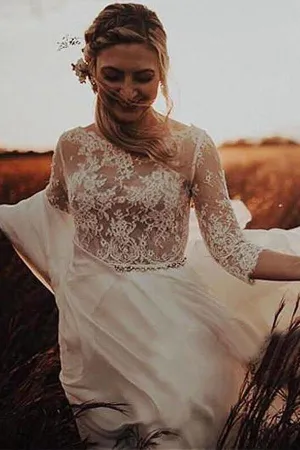 Roycebridal A-line 3/4 Sleeves See-through Bodice Wedding Dresses, Bridal Gown, MW831