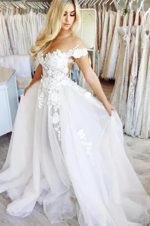 Roycebridal Ball Gown Off the Shoulder Open Back Lace Long Wedding Dresses,Fairy Wedding Gowns,MW420