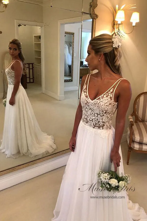 Roycebridal Chiffon A-line V-neck Open Back Wedding Dresses With Lace Appliques, MW810